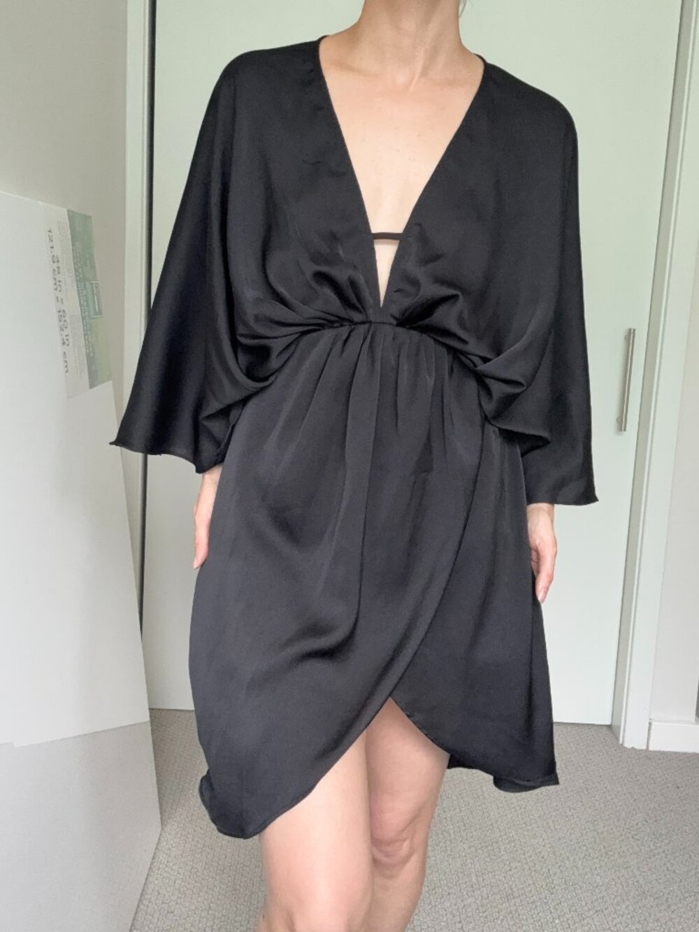DO+BE Black Satin Deep V Kimono Sleeve Tulip Wrap Dress